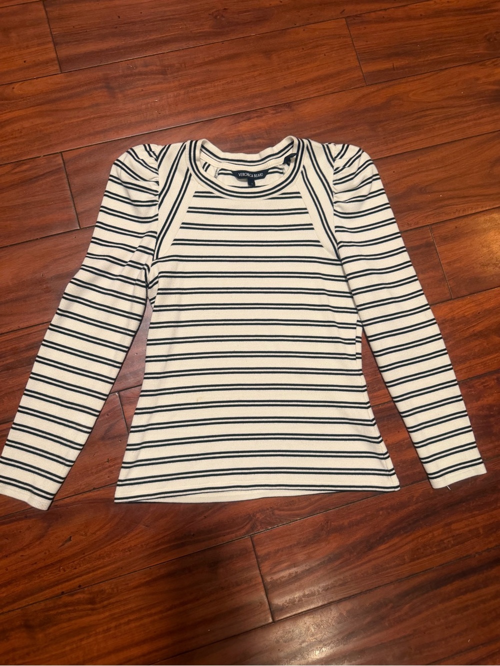 Veronica Beard Striped Puff-Sleeve Crewneck